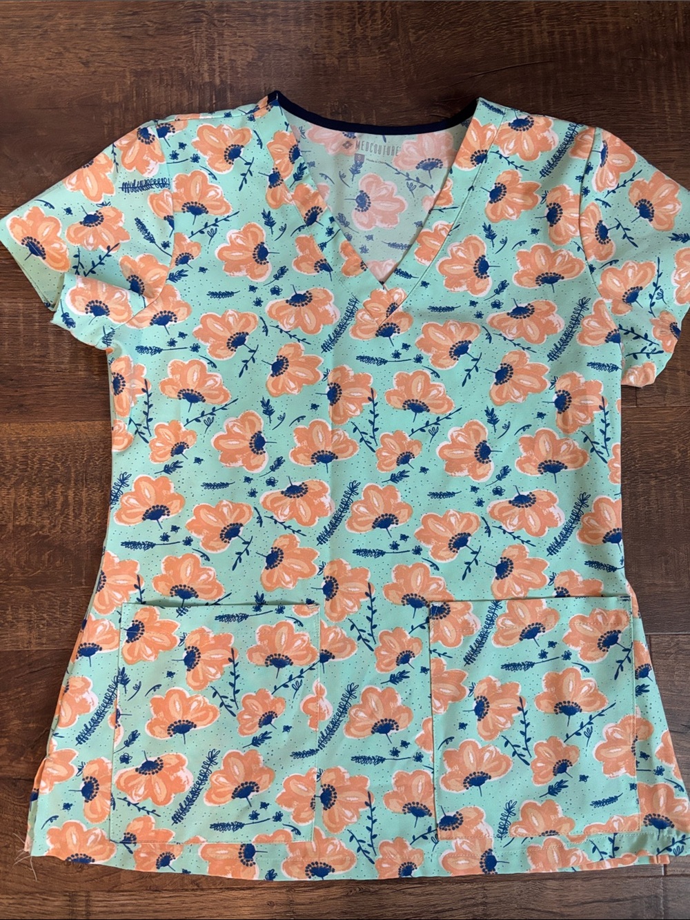 Med Couture Mint and Coral Floral V-Neck Scrub Top